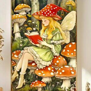 Whimsical Fantasy Enchanted Forest Mushroom Fairy Reading Book Canvas Art Print